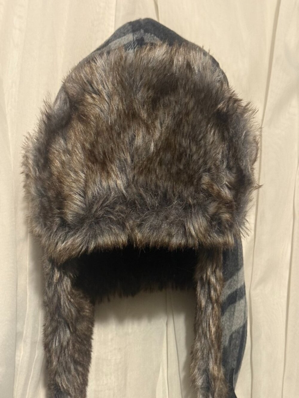 Gray Black Plaid Faux Fur Trapper Hat Winter Ear Flap Aviator Cap